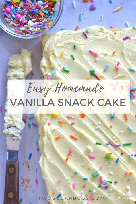 This basic vanilla snack cake is perfect for a small family! The simple recipe makes a moist 8x8 sheet cake OR a small 2-layer 6" cake; because everyone needs an easy homemade cake recipe in their kitchen! #vanillacake #smallcakerecipe #easyvanillacake #homemadevanillacake Vanilla Snack Cake Recipe, White Snack Cake Recipe, Small White Cake Simple, Small Batch White Cake, 8x8 White Cake Recipe, Small Homemade Cake, Small Sheet Cake Recipe, White Snack Cake, Snack Cakes Recipes Simple