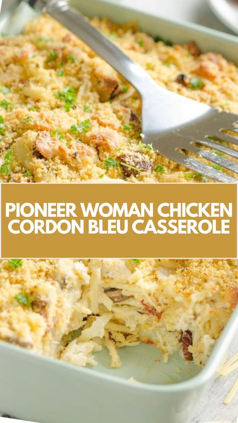 Pioneer Woman Chicken Cordon Bleu Casserole features chicken, ham, and Swiss and Monterey Jack cheeses, topped with crispy panko breadcrumbs. It bakes in about 35 minutes and serves 6. Pioneer Woman Chicken Cordon Bleu, Chicken Ham And Swiss, Cordon Blu, Chicken Cordon Bleu Casserole Recipe, Pioneer Woman Chicken, Monterey Chicken, Christmas Main Dishes, Chicken Cordon Bleu Recipe, Cordon Bleu Casserole