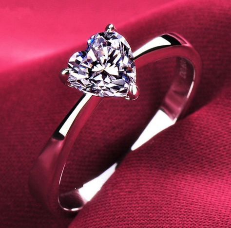 Silver Solitaire Engagement Ring, Colored Wedding Bands, Heart Shaped Diamond Ring, Heart Engagement, Edwardian Ring, Synthetic Diamond, Cz Rings Engagement, Wedding Anniversary Rings, Heart Shaped Diamond