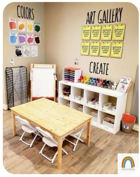 Art Center Playroom Ideas, Art Station Preschool, Classroom Art Center Ideas, Classroom Centers Setup Preschool, Art Wall In Classroom Ideas, Art Station Kindergarten, Art Table Preschool, Childcare Classroom Setup, Art Center Daycare