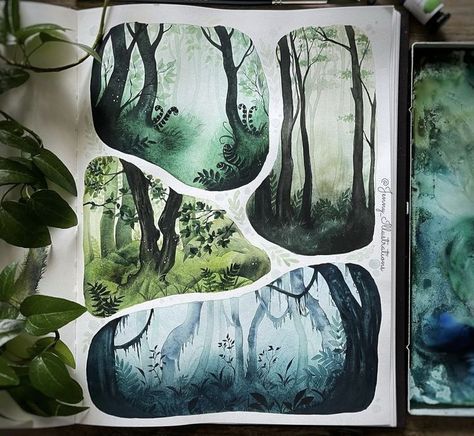 Watercolor Art Detailed, Nature Drawing Ideas Watercolour, Watercolour And Ink Illustrations, Watercolor Art Forest, Forest Drawings, Watercolour Plants, Watercolour Forest, Watercolour Nature, Forest Elements