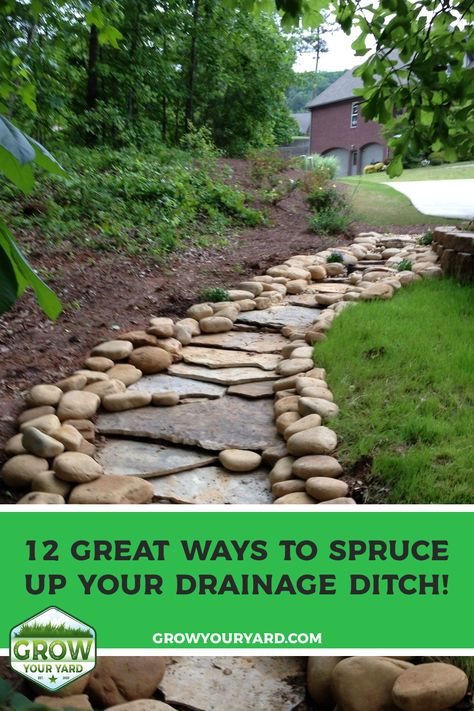 Rock Drainage, Dry Riverbed Landscaping, Rainwater Drainage, Landscape Drainage, Sloped Backyard Landscaping, Backyard Drainage, Drainage Ditch, Yard Drainage, River Rock Landscaping