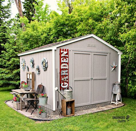 Decorating a Home Depot Shed Kit with JUNK #junkgarden #gardenjunk #flowergarden #containergarden #stencils Home Depot Shed, Garden Shed Kits, Small Shed, Junk Garden, Shed Landscaping, Shed Makeover, Backyard Storage Sheds, Shed Decor, Build Your Own Shed