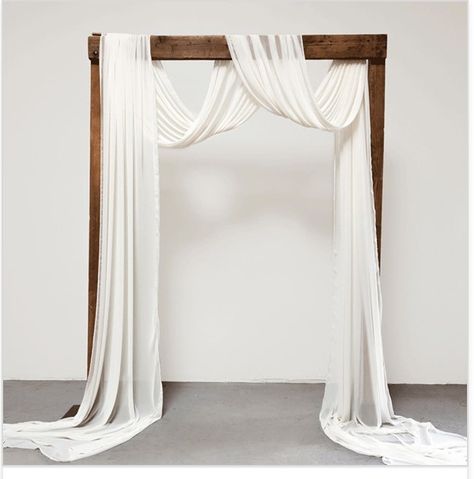 Minimal Wedding Arch Decor, Cloth Arch Wedding, Wedding Arbour With Fabric, Wedding Arch Cloth Draping, Drapery Arch Wedding, Cheesecloth Draping Wedding, Wedding Arbor Draping, Ceremony Arch Draping, Wooden Wedding Arch With Drape