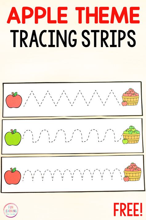 Free Printable Apple Fine Motor Tracing Strips for Pre-Writing Practice Pre Writing Skills Preschool, Apple Kids Activities, Apple Tracing Printable, Writing Activities For Toddlers, Apple Fine Motor Activities Preschool, Apple Writing Activities Preschool, Apple Kindergarten Activities, Fall Prewriting Activities, Apple Tracing Worksheets