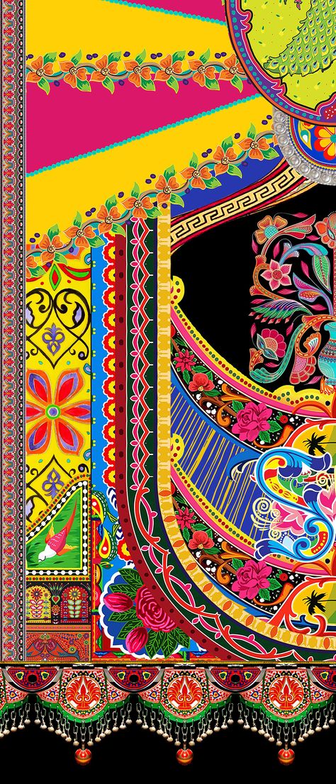 Truck Art Motifs Design, Truck Art Motifs, Folk Art Indian, Circus Tricks, Katha Stitch, Truck Art Pakistan, Ali Abbas, Pakistani Truck, Pakistan Art