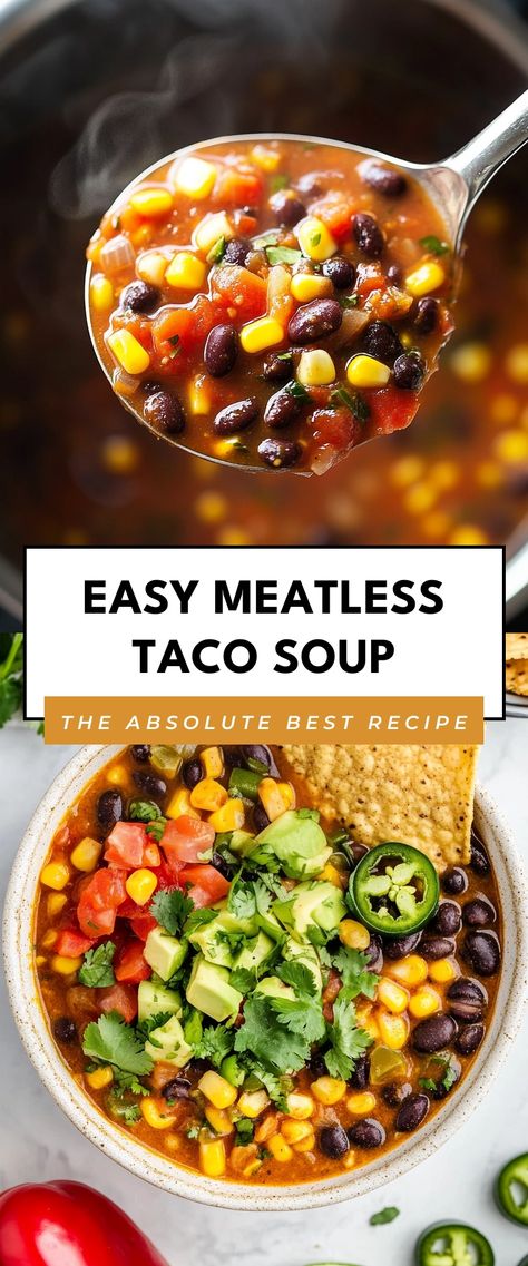 Image for Easy Meatless Taco Soup Meatless Soup Recipes Healthy, Non Meat Soups, Simple Soup Recipes 5 Ingredients Vegetarian, No Meat Soups In A Crock Pot, No Meat Taco Soup, Vegetarian Broth Soup, Hearty Vegan Soup Recipes, Crock Pot Vegetarian Soup, Meatless Soup Recipes Crock Pot