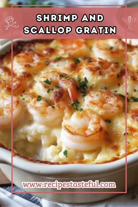 A luxurious dish combining tender seafood with the nuttiness of roasted cauliflower, all topped with a golden, cheesy gratin crust. Scallop Gratin, Sea Scallops, Cauliflower Cheese, Quick Weeknight Meals, Roasted Cauliflower, Seafood Dishes, Fish And Seafood, Family Favorites, Weeknight Meals