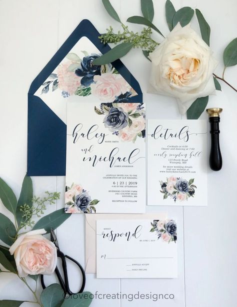 Beautiful Elegant Blush and Navy Floral Wedding Invitation. Beautiful unique wedding invitation design perfect for a summer or winter wedding. #winterwedding #summerwedding #weddinginvitation #invitationsuite #bluewedding #navywedding #envelopeliner #pantonecoloroftheyear Wedding Envelope Box, Wedding Invitation Design Modern, Burgundy Invitations, Blue Floral Wedding, Bohemian Wedding Invitations, Blush Wedding Invitations, Letterpress Wedding, Floral Wedding Invitation, Reception Card