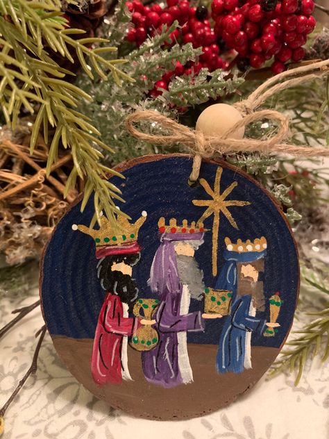 Wise Man Painting, Hand Painted Nativity, Painted Nativity Ornaments, Three Wise Men Painting, Wooden Painted Nativity Scene, Hand Painted Nativity Ornament, Christmas Fair Ideas, Ornament Exchange, Nativity Ornaments