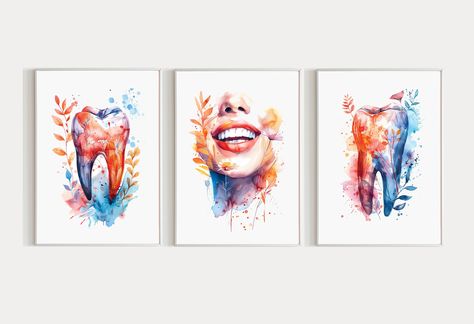 Dental Art Print Set Of 3 Dentist 3 Piece Wall Art Set Floral Dental Office Decor, Dentist Gift for Dental Assistant, Teeth With Flowers Dentist Art Design Teeth, Office Decor Colorful, Dental Poster, Dental Wall Art, Dental Wallpaper, Logo Dental, Dentist Art, Dental Posters, Poster Color Painting