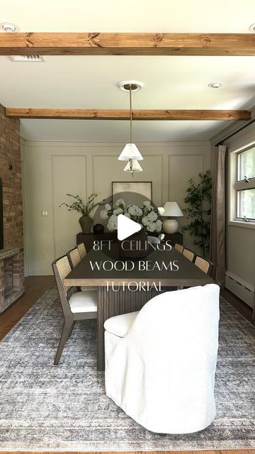 Elisa Mastrocolla on Instagram: "So many questions about my dining room wood beams lately!  How tall are my ceilings? Are they faux beams?  Did you make your beams?  How did you make them?   Here is a quick tutorial! Please let me know if you have any more questions!   ##diyprojects #interiordesign #diningroomideas #diningroomdecor #diningroomdesign #woodbeams #organicmodern" Faux Beam Doorway Header, Ceiling Beams Low Ceiling, Wood Beams On 8ft Ceiling, Wood Beam Ceiling Lighting, Diy Beams Ceiling, Faux Wood Beams Ceiling, Wrapped Beams, Wood Beams In Kitchen, Faux Wooden Beams