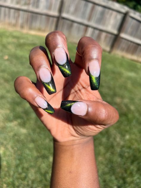 Cat eye french tip acrylic set Cat Eye French Tip Nails Coffin, Cat Eye French Tip, Cat Eye French Tip Nails, French Tip Acrylics, Acrylic Set, Black Cat Eyes, French Tip Nails, Dope Nails, Coffin Nails