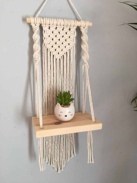 Macrame Shelf Diy, Macrame Hanging Shelf, Macrame Shelf, Shelf Hanging, Macrame Wall Hanging Diy, Mini Macrame, Wall Hanging Diy, Macrame Wall Art, Wooden Shelf