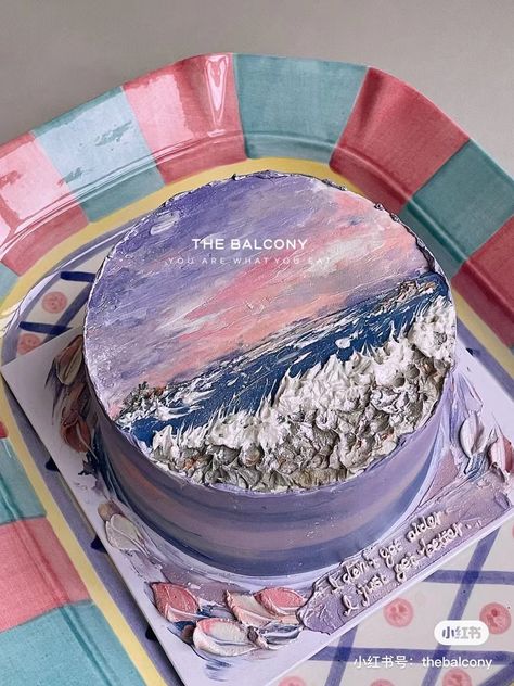 Sunrise Cake, Art Cake Design, Sunset Cake, Ocean Cake, Cake Painting, Bento Food, Ocean Cakes, Art Cakes, Art Cake