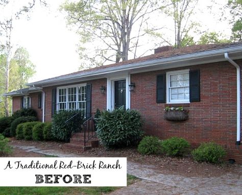 The Painted House ranch BEFORE (Hooked on Houses) Painted Brick Ranch Before And After, Porch Added To Ranch House, Brick Rancher Curb Appeal, Before And After Brick Ranch Exterior, Landscape Ideas For Brick Ranch, Painted Brick House Exterior Before And After Ranch Style, Updating Exterior Of Ranch Style House, Curb Appeal For Ranch Style House, Brick House With Siding Addition