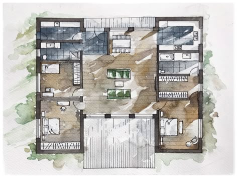 Watercolors and graphic interiors by @larissa_sladkova #LsSketchInteriors Watercolor Floor Plan, Sims Layout, Emergency Housing, Architecture Floor Plan, Watercolor Rendering, Urban Rooms, Water Color Markers, Rendered Floor Plan, Architect Student