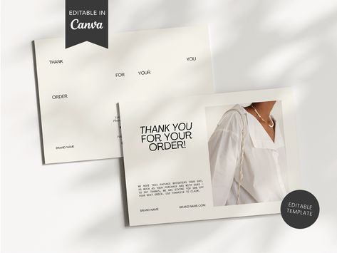 Please note that this listing is for an editable, digital template. No physical product will be shipped. Introducing our exquisite Thank You Card Template, designed to enhance your fashion brand's image with a touch of minimal elegance. This template exudes sophistication, making it the perfect choice to express gratitude to your valued customers. Not only does our template embody style, but it also includes a thoughtful feature: a call-to-action that kindly asks for customer reviews. Strengthen Brand Thank You Card Packaging, Shipping Thank You Cards, Thank You Card Packaging Design, Thank You Cards Packaging, Packaging Insert Design, Product Insert Card Design, Pr Package Card, Order Thank You Card, Jewelry Thank You Card