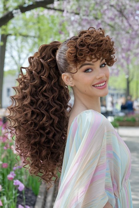 Embrace your natural beauty with these stunning curly hairstyles featuring a chic ponytail. Perfect for medium to long hair, this easy look is not only stylish but also versatile for any occasion, from summer outings to school events. Add some fun with choppy layers or curtain bangs for an effortlessly pretty vibe. Discover how to rock this baddie hairstyle! #curlyhairstyles #Ponytail Messy Ponytail With Bangs, Braids With Curly Ponytail, Curly Ponytail With Bangs, Trendy Curly Hairstyles, Effortlessly Pretty, Chic Ponytail, Medium To Long Hair, Curly Hair Ponytail, Weave Ponytail