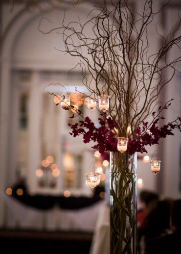 The Autumn Wedding: Curly Willow Branches with Orchid Centerpieces and Decor Vase Hanging, Inexpensive Wedding Centerpieces, Branch Centerpieces Wedding, Branch Centerpieces, Orchid Centerpieces, Curly Willow, Unique Wedding Flowers, Hanging Candles, Inexpensive Wedding