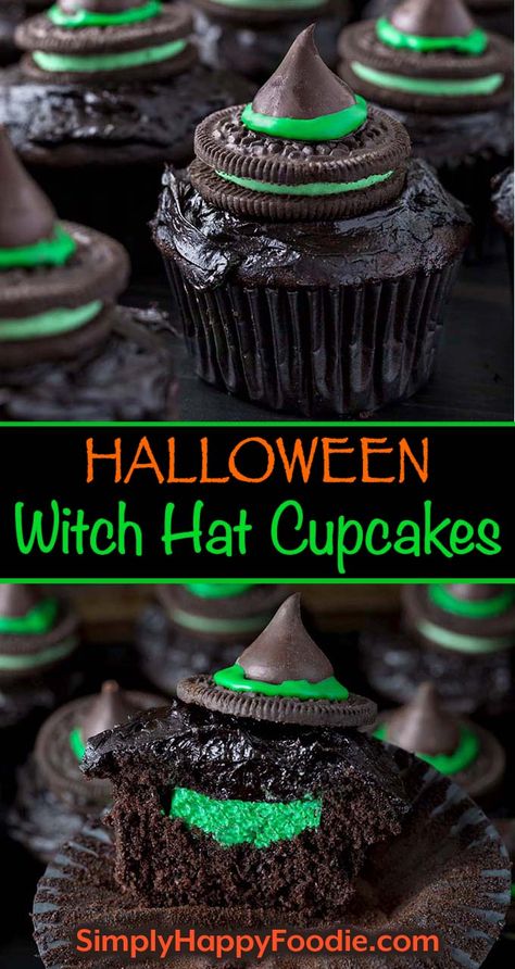 Halloween Witch Hat Cupcakes are a dark and spooky treat for all of the little witches and warlocks. These little dark chocolate witch hat cupcakes have a sweet surprise inside! Halloween party treats by simplyhappyfoodie.com Witch Hat Cupcakes, Witches And Warlocks, Hat Cupcakes, Halloween Food Cupcakes, Cupcakes Halloween, Halloween Party Treats, Image Halloween, Halloween Food Treats, Halloween Baking