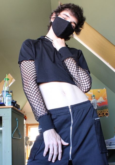 Fishnet Crop Top Outfit, Male Fishnets, Femboy Crop Top Outfits, Men’s Crop Top Outfit, Fishnet Top Men, Boy Crop Top Aesthetic, Man In Crop Top, Crop Top Hombre, Boy In Crop Top