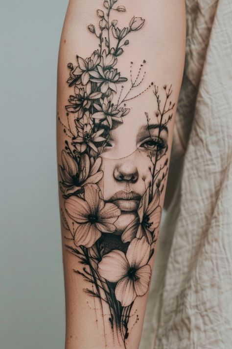 Forearm tattoo of a woman's face surrounded by detailed black and gray flowers. Woman Tattoo Portrait, Feminine Portrait Tattoo, Shoulder Quarter Sleeve Tattoo For Women, Female Profile Tattoo, Large Women Tattoos, Shoulder Sleeve Tattoos For Women Unique, Floral Face Tattoo, Strong Feminine Tattoos, Women Tattoo Ideas Meaningful