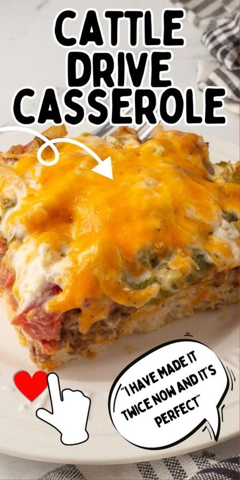 This cheesy cowboy recipe "Cattle Drive Casserole" is also known as 'John Wayne Casserole'. Seasoned ground beef give it Tex-Mex flavors and a creamy sauce with peppers and onions sits on top of a biscuit cruist.  All this is topped with - you guessed it - lots of ooey gooey cheese.  Save this easy dinner recipe today! Beef And Biscuit Casserole, Cattle Drive Casserole, Cheap Casserole Recipes, Cheesy Casserole Recipes, John Wayne Casserole, Biscuit Casserole, Hotdish Recipes, Homemade Taco Seasoning Recipe, Cattle Drive