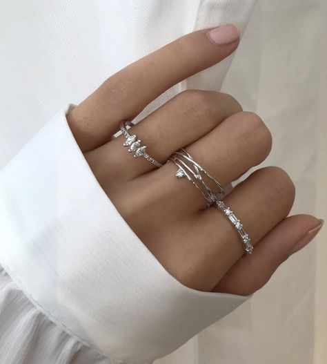 Dainty Silver Rings Set, Stack Silver Rings, Minimalist Silver Ring Stack, Dainty Silver Ring Stack, Ring Stacking Ideas Silver, Stacked Silver Jewelry, Silver Stack Jewelry, Simple Rings Everyday Casual, Pretty Rings Silver