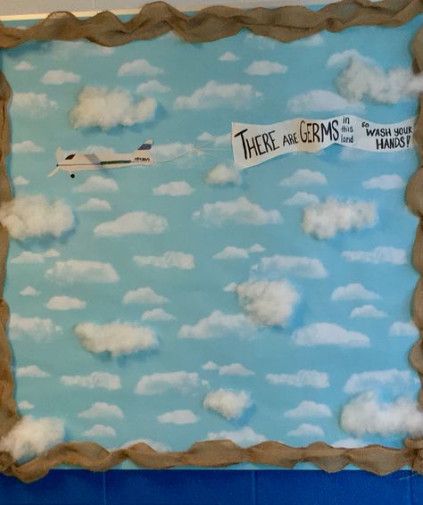 Cloud Door Decorations Classroom, Plane Classroom Theme, Sky Themed Classroom, Plane Bulletin Board, Airport Classroom, Cloud Bulletin Board, Airplane Bulletin Board, Book Corner Display, Airport Theme