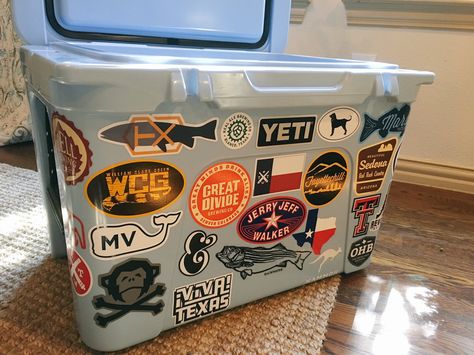 Yeti cooler with Texas stickers Cooler With Stickers, Yeti Aesthetic, Yeti Cooler Stickers, Cooler Stickers, Formal Coolers, Jerry Jeff Walker, Texas Stickers, Coolest Cooler, Cooler Ideas