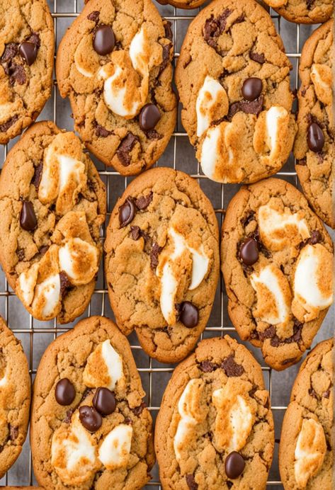 Pumpkin S'mores Cookies Recipe  Ingredients  - 1 cup pumpkin puree - 1/2 cup brown sugar - 1/4 cup granulated sugar - 1/2 cup unsalted butter, softened - 1 teaspoon vanilla extract - 2 cups all-purpose flour - 1 teaspoon baking soda - 1 teaspoon ground cinnamon - 1/2 teaspoon ground ginger - 1/4 teaspoon ground nutmeg - 1 cup mini chocolate chips - 1 cup mini marshmallows - 1/2 cup crushed graham crackers  Instructions  - Preheat your oven to 350°F (175°C) and line a baking sheet with parchment paper. - In a large bowl, cream together the pumpkin puree, brown sugar, granulated sugar, and softened butter until well combined.   Full Recipe on... Pumpkin Marshmallow Cookies, Pumpkin Smores Cookies, Pumpkin Smores, 1 Cup Pumpkin Puree, Chocolate Chip Marshmallow Cookies, Smores Cookie, S Mores Cookies, Marshmallow Cookies, Caramel Bits