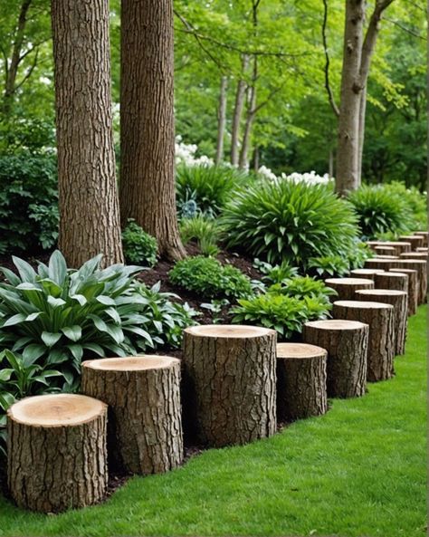 20 Creative Garden Border Ideas To Beautify Your Yard - Toolz Geek Tree Trunk Ideas Outdoor Backyards, Tree Log Fence, Log House Landscaping, Easy Garden Borders, Rocks In Landscaping Decorating Ideas, Yard Border Ideas, Tree Trunk Ideas Outdoor, Rustic Yard Ideas, Tree Log Ideas