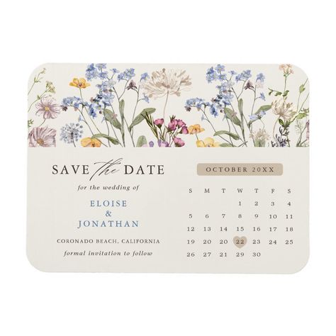 Capture the beauty of nature on your special day with our exquisite wildflower watercolor save the date magnet. Elegant, unique, and blooming with love.  Use the text fields to personalize your design with your own wording and details. If you want to change the font style, color or text placement, simply click the "Customize Further" button. Vintage Flower Wedding Invitations, Wildflower Theme Wedding Invitations, Wildflower Wedding Save The Date, Wedding Diy Save The Date, Wedding Inventations, Spring Save The Date Ideas, Spring Save The Date, Wedding Invitation Wildflower, Save The Date Wildflowers