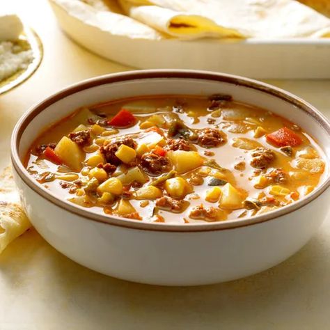 Mexican Chorizo and Corn Soup Recipe: How to Make It Mexican Chorizo Soup, Chorizo Soup Slow Cooker, Spanish Chorizo Soup, Soup With Chorizo Sausage, Chorizo Potato Soup, Corn Chowder Crockpot, Chorizo Soup, Dinner Suggestions, Mexican Soup Recipes