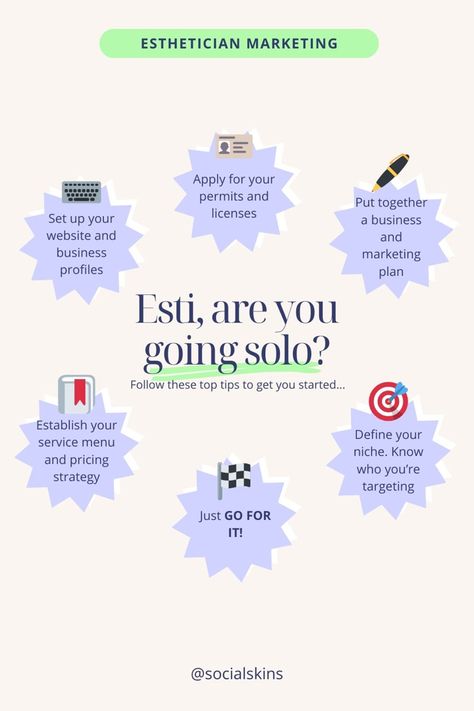 Solo esthetician, esthetician training, esthetician marketing Esthetician Must Have, Esthetician Consultation Questions, Beginner Esthetician Tips, Esthetician Tips Business, Beginner Esthetician Supply List, Esthetician Books, Solo Esthetician Business Plan, Esthetician Supplies List, Mobile Esthetician Business