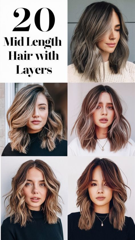 Mid Length Hair With Layers Wavy Curly, Hair Straight Layers, Mid Length Hair For Round Face, Mid Length Hair Straight, Mid Length Hair With Layers Wavy, Mid Length Hair With Layers And Bangs, Blonde And Brunette Hair, Hair For Round Face, Straight Layers