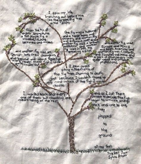 Guerrilla Sewing Vivienne Strauss I saw my life branching out before me. embroidery on bleached muslin - 6th in my series on The Bell Jar by Sylvia Plath. Sylvia Plath Fig Tree, English Projects, Green Fig, Jar Art, English Country Gardens, Book Wall, The Bell Jar, History Projects, Sylvia Plath