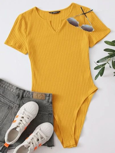 WishList | SHEIN Granola Outfits, Yellow Bodysuit, Ribbed Knit Bodysuit, Square Neck Bodysuit, Knit Bodysuit, Plain Tees, Halloween 2022, Yellow Shirts, Ribbed Bodysuit