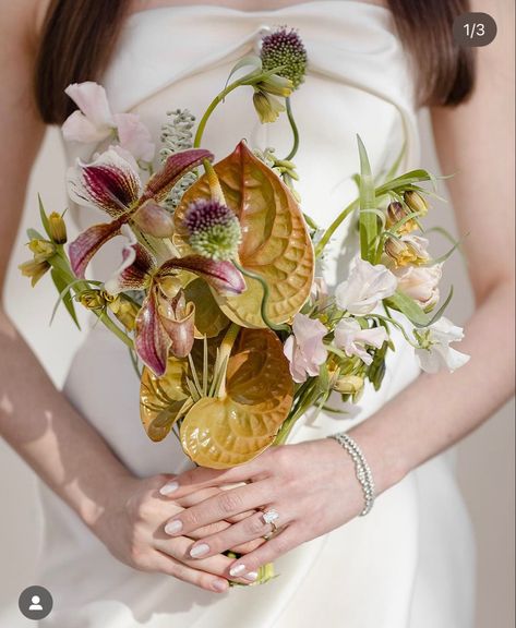 Anthurium Bouquet, Modern Bridal Bouquets, Unique Bridal Bouquets, Modern Bouquet, Lady Slipper Orchid, Lady Slipper, Flower Arrangement Designs, Unique Bouquet, Boquette Flowers