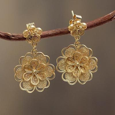 Gold plated filigree flower earrings, 'Yellow Rose'. Shop from #UNICEFMarket and help save the lives of children around the world. Flower Earrings Dangle, Gold Flower Earrings, Gold Jhumka Earrings, Filigree Jewelry, Gold Chains For Men, Gold Jewelry Earrings, Bridal Gold Jewellery Designs, Gold Earrings Designs, Gold Necklace Designs