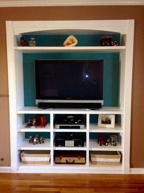 Closet space turned into a built in entertainment center. Closet Conversion, Tv Nook, Entertainment Center Design, Built In Entertainment Center, Diy Entertainment, Entertainment Cabinet, Entertainment Center Repurpose, Closet Remodel, Entertainment Center Decor