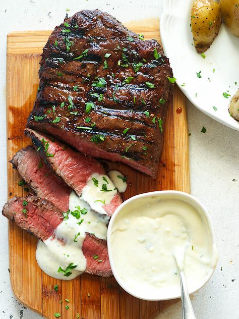 Grilled Flat Iron Steak Recipe - feedthegrill.com Flat Iron Recipes, Flat Iron Steak Dinner Ideas, Recipes With Flat Iron Steak, Flat Steak Recipes Dinners, Flat Meat Recipes Dinners, Recipes For Flat Iron Steak, Flank Steak Recipes Cast Iron, Flank Steak Dinner Ideas Easy Recipes, Flatiron Steak Marinade