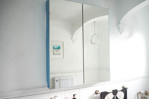 The IKEA Godmorgon Bathroom Mirror Cabinet | Melissa Jane Lee Godmorgon Mirror Cabinet, Ikea Godmorgon, Fixer Upper Farmhouse, Carved Bench, Ikea Mirror, Ikea Bathroom, Bathroom Mirror Cabinet, Bathroom Photos, Marble Bathroom