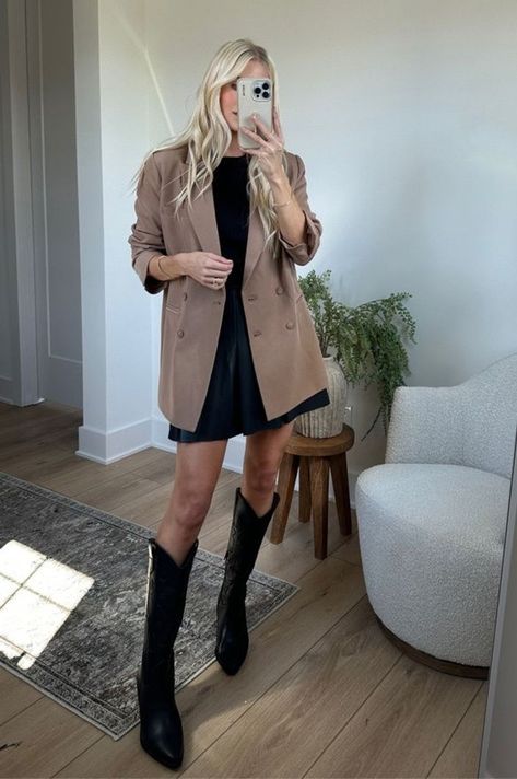 Brown Blazer Dress Outfit, Cowboy Boot Outfits Office, Western Boots Office Outfit, Western Style Boots Outfit, Brown Suede Western Boots Outfit, Work Outfit Cowboy Boots, Cowboy Boots Professional Outfit, Kathleen Post Outfits, Long Western Boots Outfit