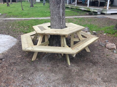 The Picnic Table Around a Tree I Built today!!! Park Bench Ideas, Bench Around Trees, Trunk Bench, Ideas Para Decorar Jardines, Tree Seat, Building A Floating Deck, Tree Deck, Painted Benches, Landscaping Around Trees