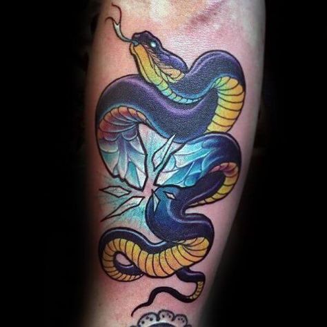 20 Neo Traditional Snake Tattoo Designs | PetPress Traditional Snake Tattoo, Neo Tattoo, Serpent Tattoo, Crystal Tattoo, Animals Tattoo, Snake Tattoo Design, Wolf Tattoo Design, Tattoo Portfolio, New School Tattoo