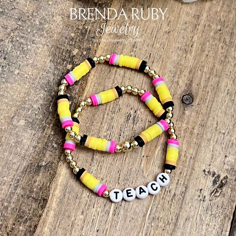 Back to school bracelets! 🍎 ✏️  Ready to gift, gift tag included!  Let me know if you would like me to package a stack together.  Can personalize TEACH bracelet with up to 5 characters including spaces. **Bracelet is made out of 6mm polymer clay beads, 6mm gold plated hematite beads and acrylic letter beads.  **Bracelet is approximately 7 inches, standard women's bracelet size. Due to design of the bracelet, size cannot be modified.  **This item is handmade with a lot of love, may have some slight variations in bead color due to supplier stock,  size and/or slight imperfections.  Some beads can become a choking hazard, not recommended for young children. Use at your own risk.  Not waterproof, keep bracelets away from moisture to prolong it's appearance.  Made with strong jewelry elastic, Color Combinations For Clay Bead Bracelets, Beaded Bracelet Color Patterns, Clay Bead Bracelet For Teacher, 3 Color Beaded Bracelet, Clay Bead Bracelet Ideas For Teachers, School Beaded Bracelets, Clay Bead Bracelet Ideas School, Beaded Teacher Bracelets, Best Bracelets Women