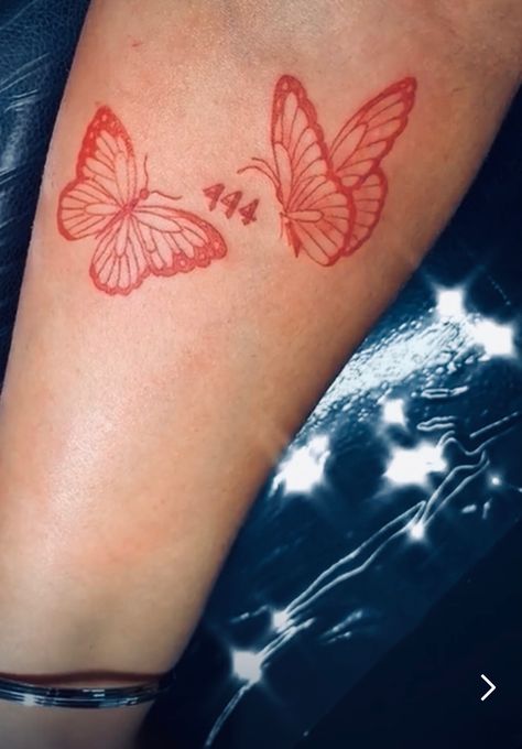 Pretty Tattoos Spiritual, 444 Tattoo With Flowers, 888 Butterfly Tattoo, 333 Butterfly Tattoo, 444 With Butterfly Tattoo, Ways Tattoo Jhene Aiko With Butterfly, Cute Red Tattoos For Women, 444 Butterfly Tattoo, Pink Ink Tattoo