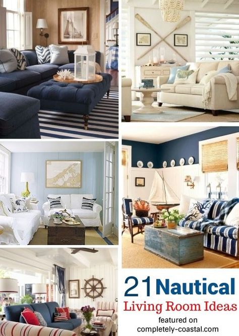 Nautical Living Room Decor & Interior Design Ideas for Those who Love the Sea. Featured on Completely Coastal. Nautical Living Room Decor with Blue & White, Stripes, Pops of Red, Neutral Colors, and Nautical Motifs. #nautical #livingroom #blueandwhite Coastal Lights, Nautical Decor Living Room, Room Decor Interior Design, Coastal Style Living Room, Beach Decor Living Room, Nautical Interior, Beach Theme Living Room, Nautical Living Room, Nautical Room